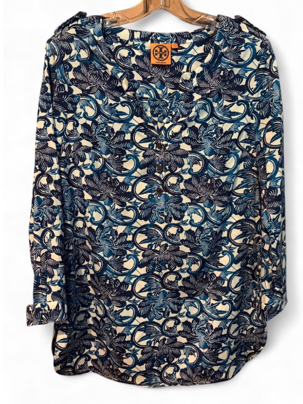 Tory Burch Blue and White Floral Silk Blend Blouse Womens Size 6